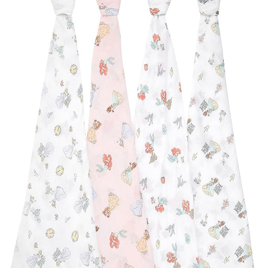aden + anais Essentials Muslin Swaddle Blankets, Newborn Receiving Blanket for Swaddling, 100% Cotton Baby Swaddle Wrap, 4 Pack, Disney Princess