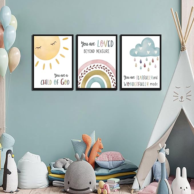 Kids Bible Verse Wall Art, Christian Scripture Wall Decor Paintings Set of 3, Nursery Rainbow Inspirational Posters Prints Pictures for Classroom Kids Room Baby Room Bedroom 16x24 Inch Wood Framed