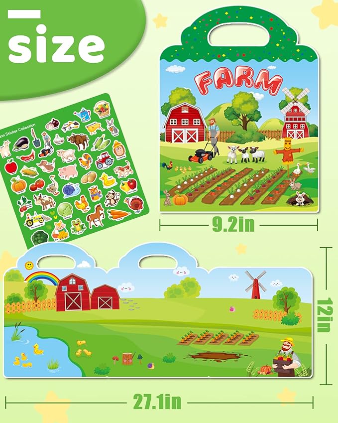 Benresive Reusable Sticker Books for Toddlers, Fun Travel Stickers for Kids, Toddler Sticker Book, Crafts Activities for Toddlers, 3 and Up Birthady Gifts - Farm