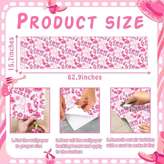 Pink Peel and Stick Wallpaper Cowgirl Contact Paper Staircase Sticker Western Theme Self Adhesive Wall Paper Hat Boots Vinyl Film Disco Cow Print Art Mural for Cabinets Bedroom Drawer 15.7"x62.9"
