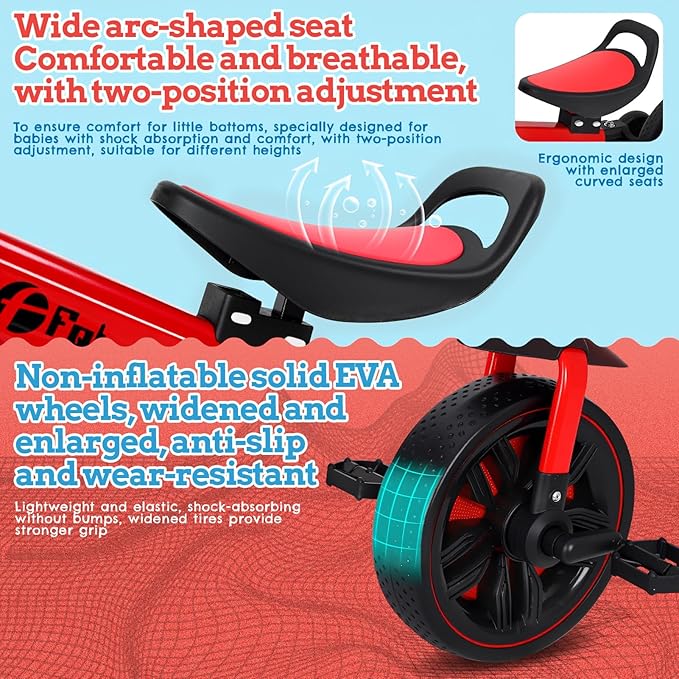 Kids Balance Bike with Push Handle, Tricycle for Toddlers 1-3 Years Old, Kids Bicycle with Adjustable Seat, Removable Pedals, Auxiliary Wheels, Foldable Metal Frame