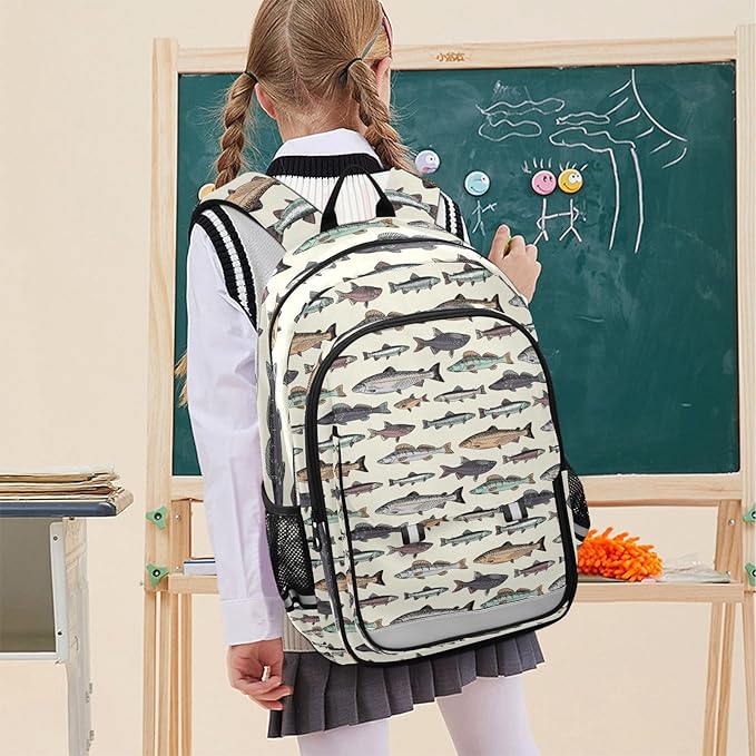 Jucciaco Vintage Fishes School Backpack Laptop Travel Daypack for Kids Girls Boys, Personalized Computer Notebooks Bookbag with Adjustable Padded Straps