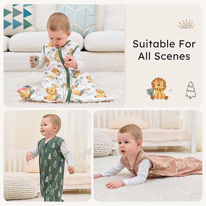 Baby Sleep Sack 18-24 months, 100% Cotton Sleeping Sack for Toddler, 3 Pack Baby Wearable Blanket, 0.5 Tog Lightweight Double Zipper Sleep Bag XLarge Brown Green Lion