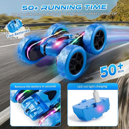Remote Control Stunt Car 4WD 360° Flip Double‑Sided RC Cars, LED Light Bar, USB‑C Modular Battery, 2.4 GHz Outdoor Beach Toy for Boys 6‑12 Years Old, Birthday & Christmas Kids Gift, Blue