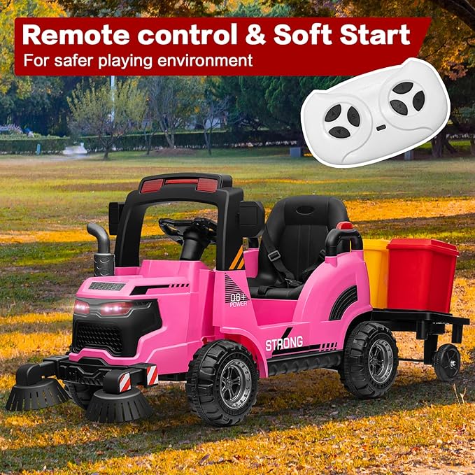 MOLACHI 12V Ride On Street Sweeper Truck, Ride on Car w/Remote Control,Electric 360 Degree Rotating Sweeping Brooms, Ideal Gift for Kids 3-7 Years Old, Pink
