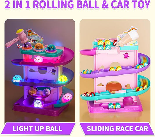 Funwee 2-in-1 Rolling Ball & Racing Car Ramp Toy for Toddlers, Race Track Hammer Lights Ball Drop, Interactive Montessori Learning Game Birthday Gift Idea for Kids 2 3 4 5+Year Old Girl Boy(Pink)