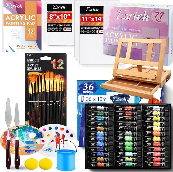 ESRICH Acrylic Paint Set, 74 PCS Professional Paint Supplies with Paint Brushes, Wooden Tabletop Easel, Canvases, Painting Pads, Palette, Paint Knives, Brush Cup and Art Sponge for Hobbyists Beginners
