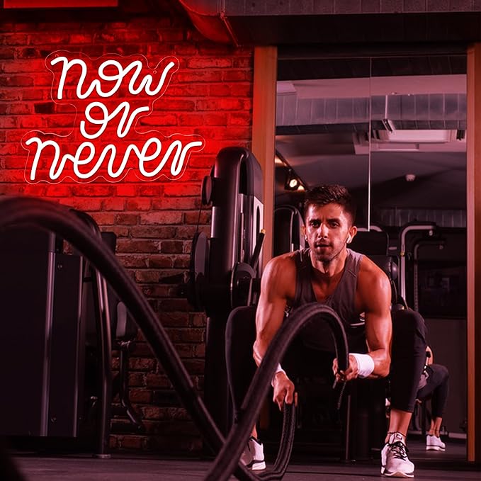 Gym Neon Sign for Wall Decor Home Gym Decor Now or Never Inspirational LED Signs for Man Cave Workout Study Room Office Party Quote Motivational Art Gifts for Men Sports Fans Size 13.8*9.6in(GLND377)