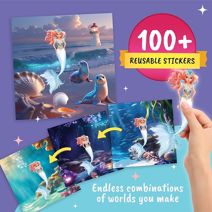 BSCOOL Mermaid Kingdom Reusable Sticker Book, 100+ Stickers, Underwater Fantasy Activity Book - Mermaid Sticker Dress Up for Girls Ages 4-6. Airplane Stickers Book for Toddlers. Christmas Gift