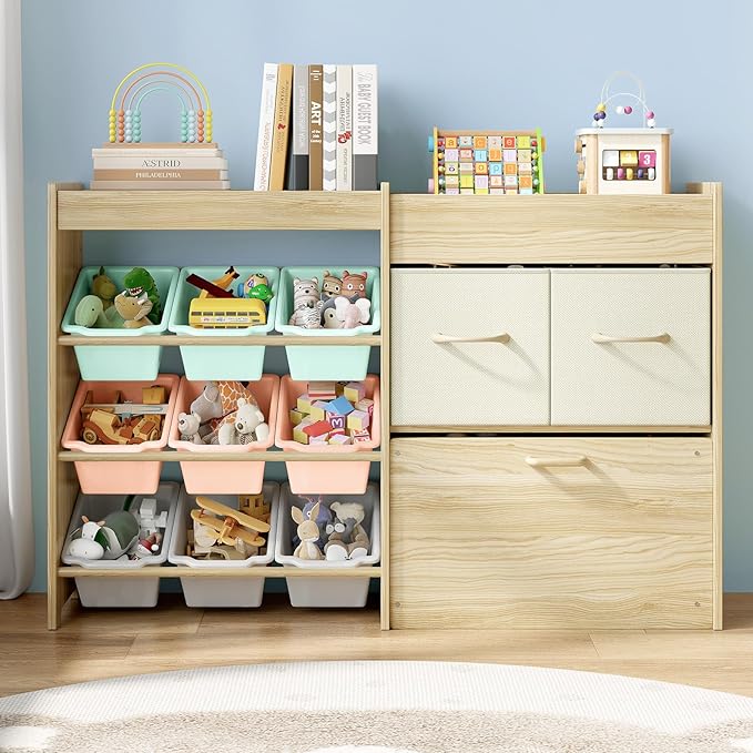 EXPERLAM Toy Storage Organizer for Kids, 9-Bin Toy Organizer with 2-Drawers,Movable Toy Chest and Top Rack, Kids Bookshelf and Toy Storage for Playroom, Bedroom, Nursery, Multi-Color