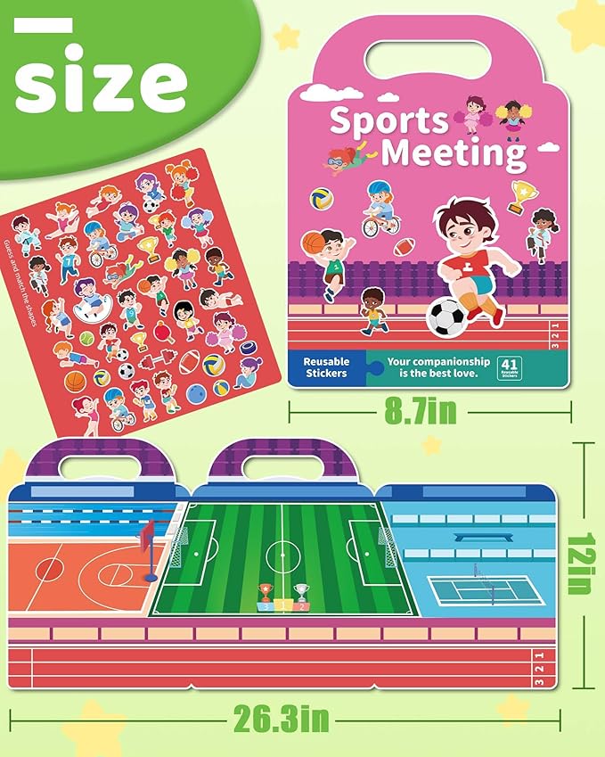 Benresive Reusable Sticker Books for Toddlers, Fun Travel Stickers for Kids, Toddler Sticker Book, Crafts Activities for Toddlers, 3 and Up Birthady Gifts - Sports