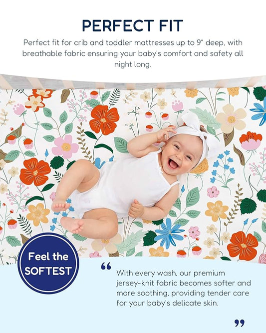 TotAha Floral Crib Sheets 2-Pack, Hypoallergenic, Silky Comfort, Buttery Soft, Calming Effect, All-Season Jersey-Knit Pink Flower Baby Sheets, Premium Stretchy 9'' Extra Deep Pocket