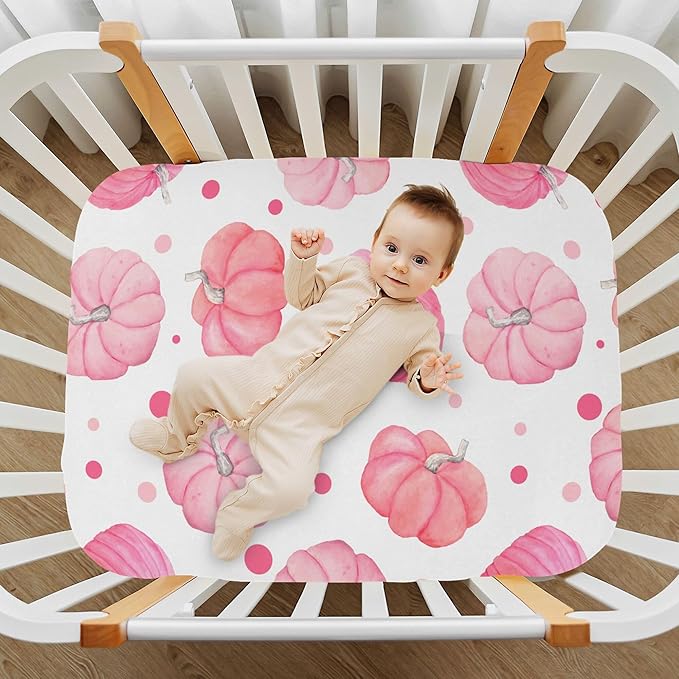 Pink Thanksgiving Pumpkins Crib Sheets Soft Breathable Fitted Baby Crib Sheets Mattress Cover for Girl Boys, 52" x 28" x 9"