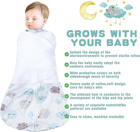 Newborn Sleep Sack Baby Swaddle,3-6 Months,3-Way Adjustable Wearable Blanket,100% Rayon Cotton Swaddling Sleeping Bag,TOG 0.5(Clouds&Starry Sky)