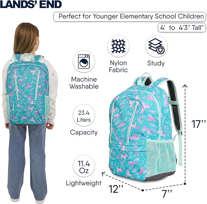Lands' End Unisex Kids Medium ClassMate Lightweight Durable Elementary School Backpack, Ceramic Blue