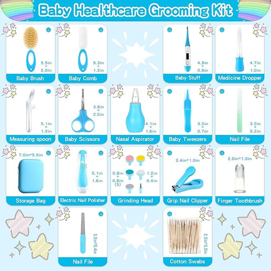 Baby Grooming Kit,Electric Safety Nail Trimmer Baby Nursery Kit,Infant Safety Care Set with Hair Brush Comb Nail Clipper Nasal Aspirator,Baby Essentials Kit for Newborn Girls Boys (21 PC-Blue Kit)