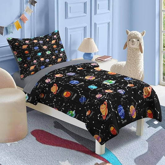 Nesker 4 Pcs Comforter Set Toddler Size, Cute Space Galaxy Bedding for Kids Teen, Planets Moon Stars Bed Sheet with Pillowcase & Sham
