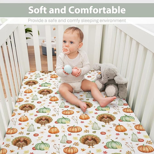 Thanksgiving Turkey Pumpkins Baby Crib Sheets for Boy Girl 52"x28" Autumn Maple Leaves Soft Stretchy Fitted Crib Mattress Cover Fall Harvest Baby Sheet for Standard Crib and Toddler Bed Mattress