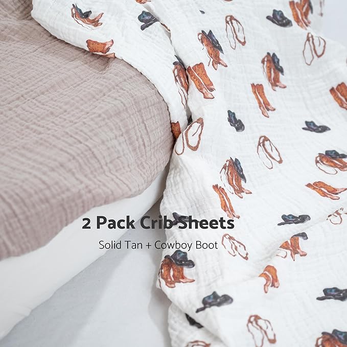 LollyBanks Baby Crib Sheets 2 Pack, 100% Cotton Muslin Breathable Fitted Crib Sheet for Boys, Soft and Snug Baby Bed Sheets for Standard 52"x28" Mattress, Infant Essentials (Cowboy and Solid Tan)