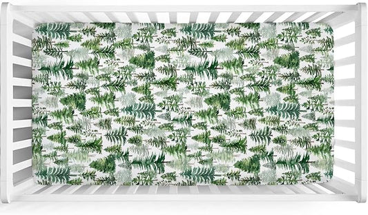Watercolor Green Pines Baby Crib Sheet 52''x28'' Pine Trees Snug Fitted Crib Mattress Cover for Boy Girl Winter Soft Baby Bed Sheet for Standard Crib and Toddler Mattresses