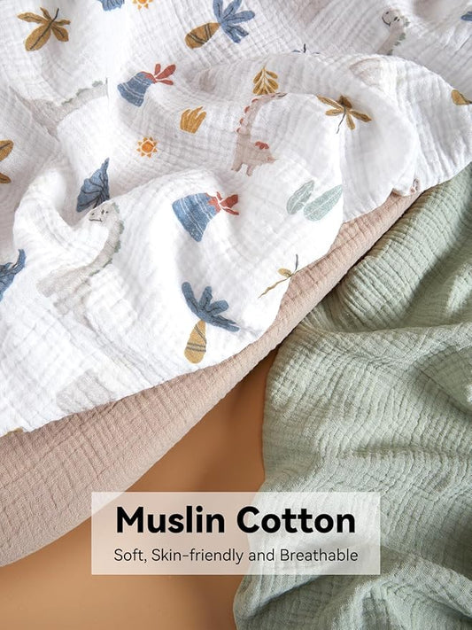 TILLYOU Muslin Bassinet Sheets for Baby Boys Girls 3 Pack, Soft Breathable Elastic Cotton Bassinet Mattress Sheets, Fit Hourglass Oval Rectangle Cradle Mattress, 33"X17",Dinosaur