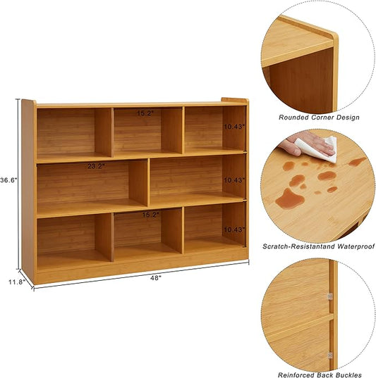 3-Tier Bookshelf, 8-Section Wooden Bookcase, Storage Organizer with Anti-Tilt Device, Modern Storage Display Cabinet for Living Room, Classroom, Kid’s Room (Natural)