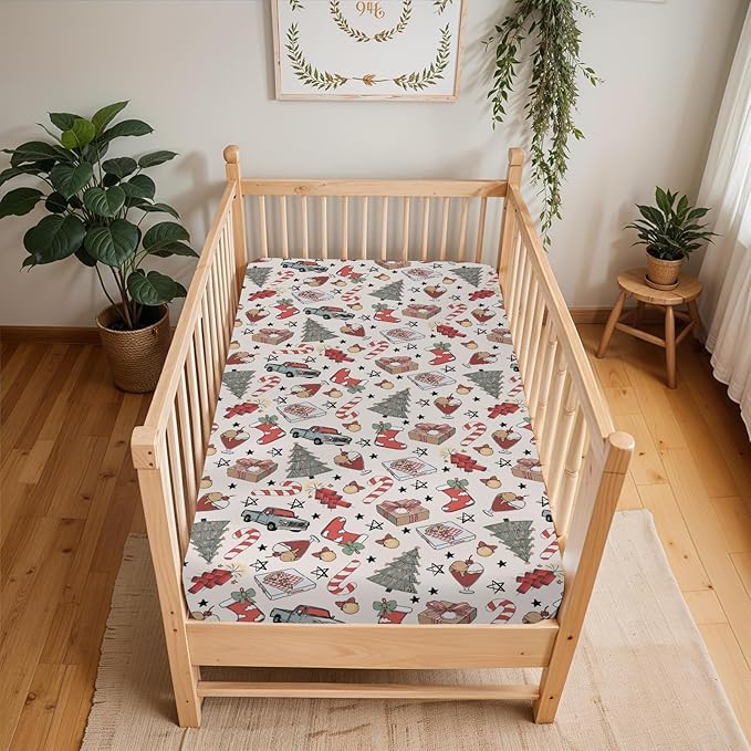 Boho Christmas Movie Baby Crib Sheets for Boy Girl 52x28 Christmas Tree Stockings Candy Pizza Truck Soft Snug Fitted Crib Mattress Cover Winter Holiday Baby Sheet for Standard Crib & Toddler Mattress