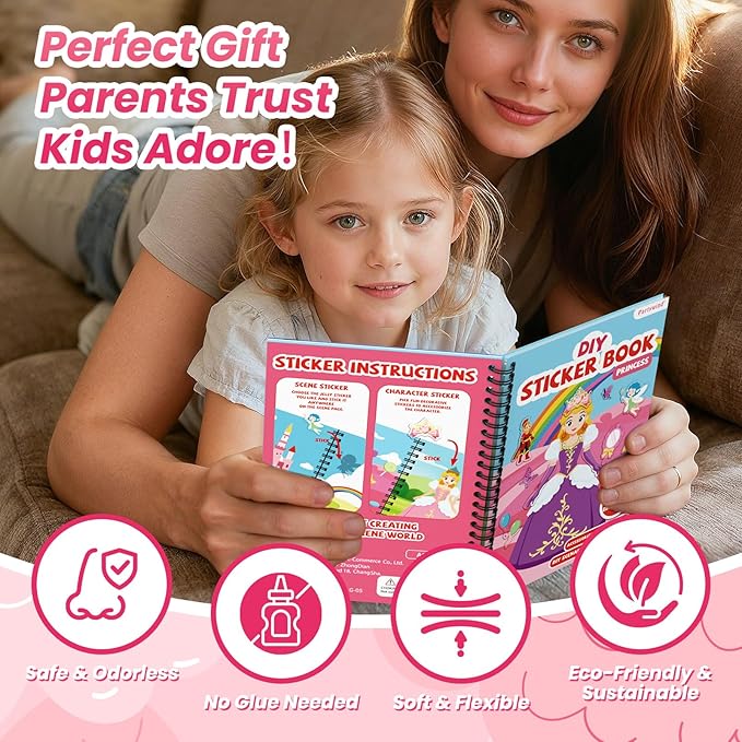 Princess Reusable Sticker Book for Toddlers, DIY Princess Accessories Fun Jelly Stickers, Washable Puffy Stickers for Kids Toys, Airplane Road Trip Travel Activities Essentials for Kids 3 4 5 Years