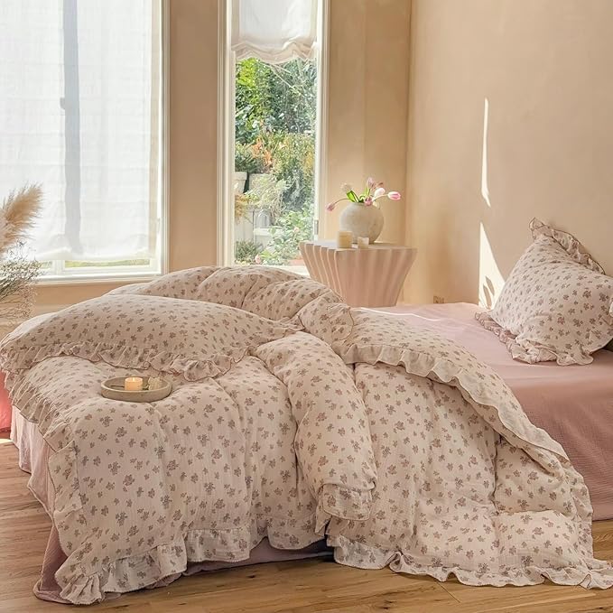 BuLuTu Kids Toddler Girls Duvet Cover Twin Retro Tuberose Floral Quilt Cover with Ruffles, Muslin Comforter Cover Soft Breathable Gauze Cotton Children Bedding, No Pillow, Zipper,4 Ties