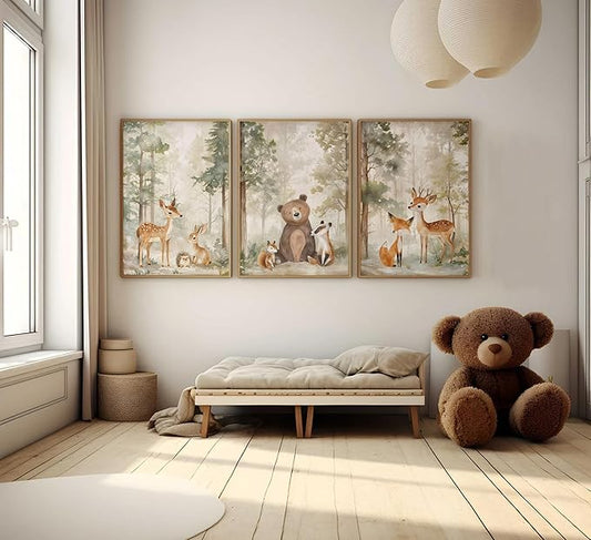 3Pcs Woodland Animal Nursery Canvas wall art Wild Animals Forest Paintings Pictures Wall Decor Fox Bear Deer Watercolor Poster Printing Artwork for Boys Room Girls Room Home Decoration Unframed