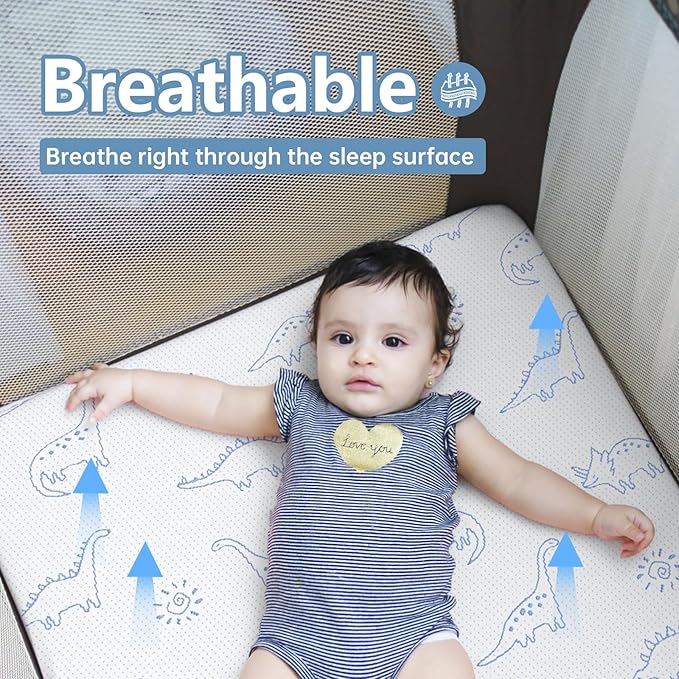 Mochen Pack and Play Mattress, 38"x26" Dual-Sided Firmness Memory Foam Pack n Play Mattresses Pad, Travel Baby Mattress for Pack n Play with Removable Dinosaurs Cover, Portable & Washable