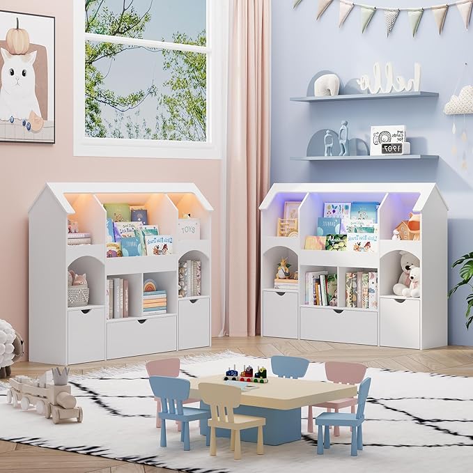Halitaa Kids Bookshelf with Toy Storage, Castle-Shaped Bookshelf with 3 Movable Drawers and LED Lights, Toy Storage Organizer with 3-Tier Book Rack for Kids Room, Playroom, Nursery