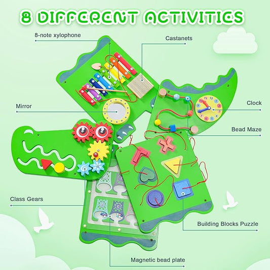 Crocodile Sensory Toys Activity Wall Panels, Educational Montessori Busy Board for Toddlers, Activity Cube - Sensory Wall, Wooden Learning Toys, Interactive Toy-Green