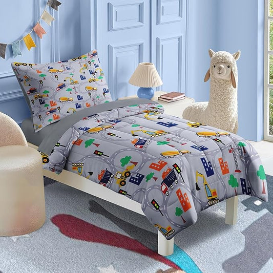 Nesker 4 Pcs Comforter Set Toddler Size, Construction Vehicles Car Bedding for Kids Teen, Town Tree Truck Bedding Set with Pillowcase & Sham