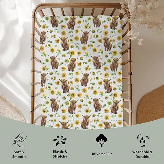 Highland Cow Sunflowers Baby Crib Sheets for Boy Girl 52"x28" Highland Cattle Yak Floral Soft Snug Fitted Crib Mattress Cover Farmland Animal Baby Sheet for Standard Crib & Toddler Bed Mattress
