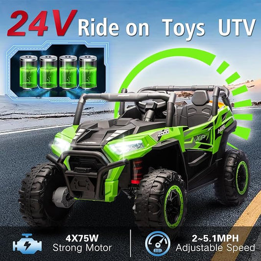 24V Car for Kids, 4WD Ride on Electric Cars, 4x4 Battery Powered Electric UTV for Boys Girls, 3 Speeds Off Road Truck with Bluetooth (Green)