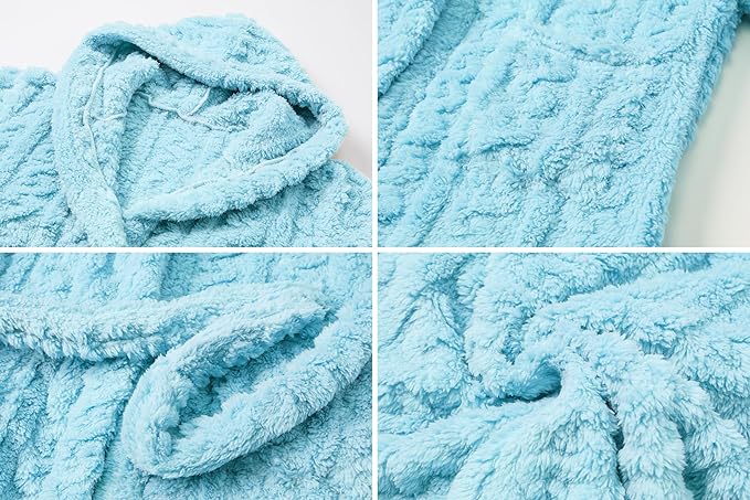Umeyda Girls & Womens Twist Fleece Robes, Hooded Soft Warm Bath Robe for Kids Womens Fuzzy Bathrobe for Gifts