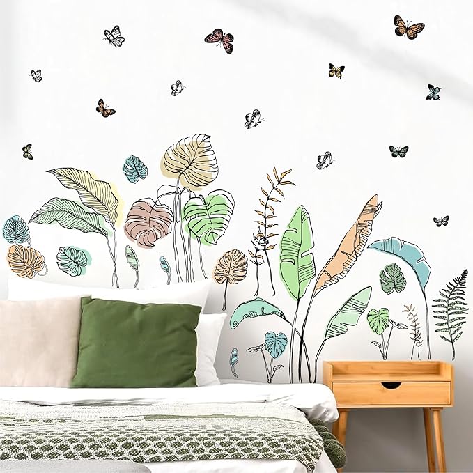 Palm Leaves Wall Decals Boho Tropical Leaves Wall Sticker Removable Green Plant Leaf Walls Decal Peel and Stick Tropical Leave Butterflies Vinyl Art Mural for Bedroom Living Room TV Background Decor