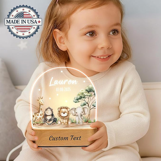 IOUMAM Personalized Baby Gifts Animal Name Night Light for Kids, Custom LED Acrylic Plaque, Baby Shower Christmas Newborn Gifts for Boys Girls, Safari Jungle Animals Nursery Room Decor for Children