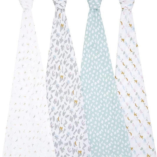 aden + anais Essentials Cotton Muslin Swaddle, Breathable Baby Blanket, Ideal for Boys, Girls, Newborns, Babies & Infants, Receiving Blanket, Soft and Lightweight Wrap, 4 Pack, Alphabet Animals