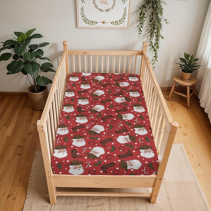 Red Cowboy Santa Christmas Baby Crib Sheets for Boy Girl 52x28Inch Western Santa Hat Boots Fir Leaves Soft Snug Fitted Crib Mattress Cover Wild West Baby Sheet for Standard Crib & Toddler Mattress