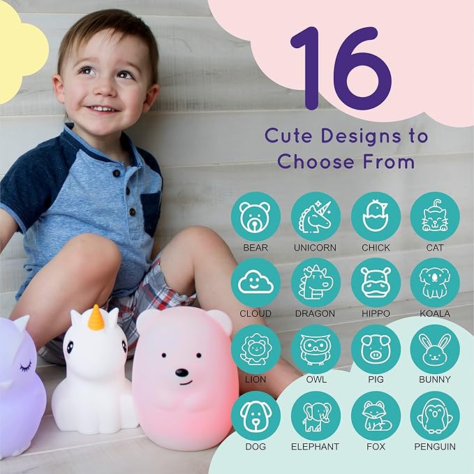 LumiPets Eggbert the Elephant Squishy Night Light for Kids | Silicone Nightlight with Tap, Remote Control | Rechargeable Color Changing Animal Light for Girls & Boys | Portable Mood Lamp With USB Cord