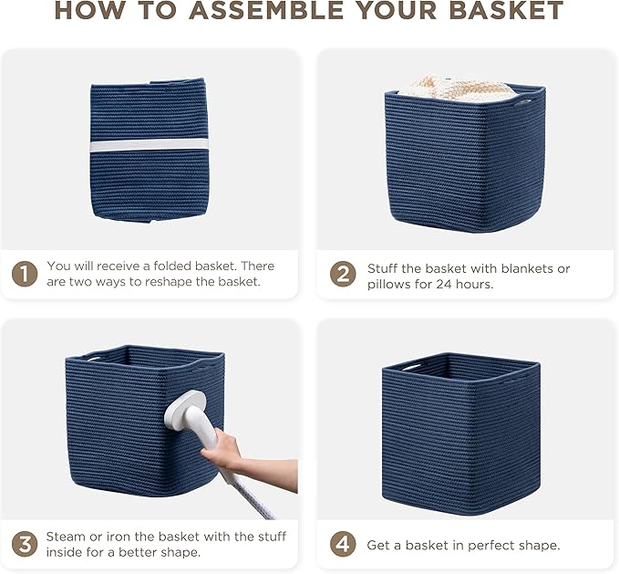 joybest 13x13x13inch Cube Storage Bins Set of 4, Cotton Rope Woven Organizer Basket for Shelves, Cube Bin Square Shelves Organizer Closet Storage, Nursery, Toy Organization, Navy Blue