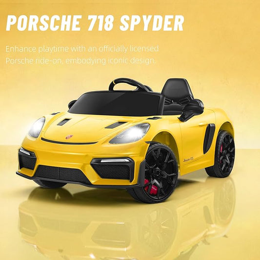 First Ride On Licensed Porsche 718 12V Ride on Toy for Kids, Ride on Car for Toddler, Child Electric Vehicle w/Parent Remote Control, 3 Speeds, Foot Pedal, Music, MP3, Led Headlights (Yellow)