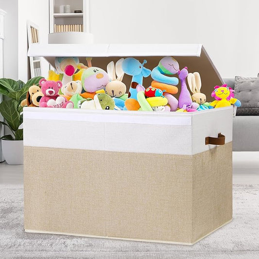 Gowee Large Toy Storage Box with Lid, Sturdy Toys Storage Chest Bin Organizer Basket with Dividers for Kids, Boys, Girls, Nursery, Closet, Bedroom, Playroom 26"x17" x17" (Beige and White)