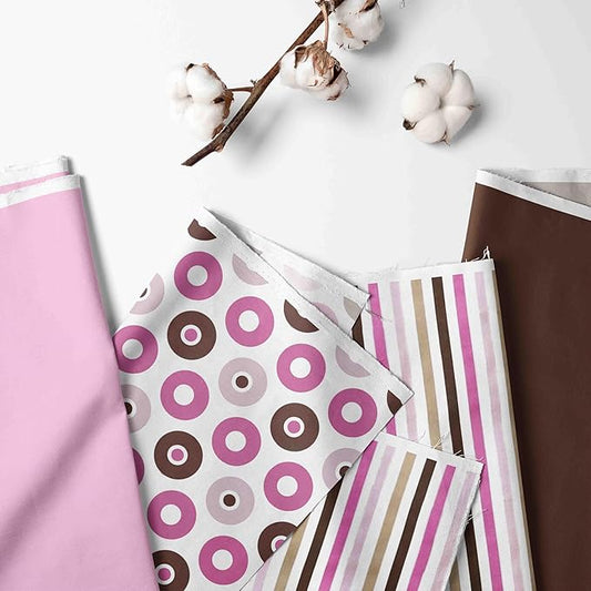 Bacati - Dots & Stripes Pink/Chocolate 4 Piece Girls Toddler Bedding Set, 100 Percent Cotton Includes Reversible Comforter, Fitted Sheet, Top Sheet and Pillow Case for US Standard Toddler Bed