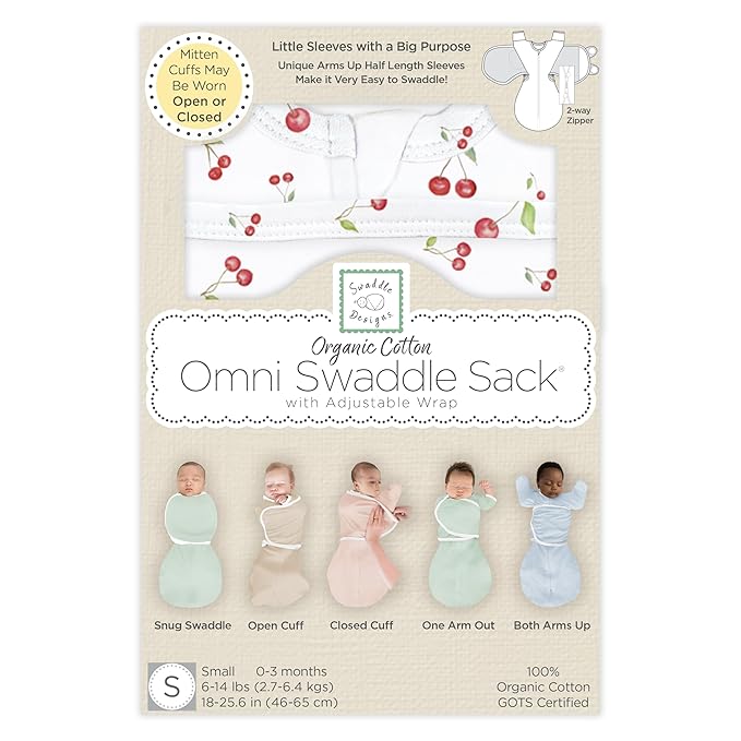 SwaddleDesigns Organic 6-Way Omni Swaddle Sack Arms Up Swaddle for Newborn, More Options to Calm Startle Reflex, Improves Sleep, Small, 0-3 Month, 6-14 lbs, Watercolor Little Cherries