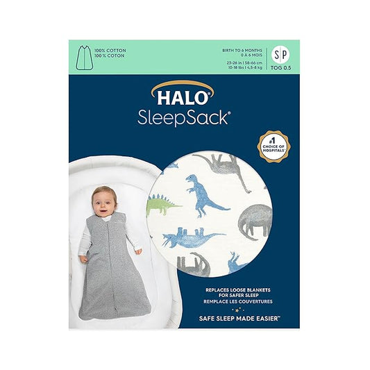 HALO SleepSack, 100% Cotton Wearable Blanket, Swaddle Transition Sleeping Bag, TOG 0.5, Watercolor Dinos, Large, 12-18 Months