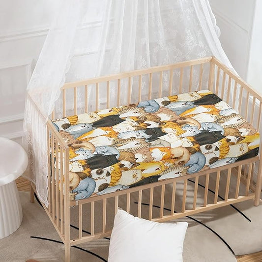 Colorful Cats Fitted Crib Sheet for Boys Girls Cute Animal Kittens Baby Sheet for Standard Crib and Toddler Cartoon Cat Nursery Bed Mattress Sheets 28"x52"