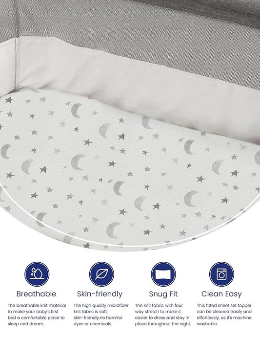 TotAha Premium Soft Pack n Play Sheets, Super Stretchy Jersey Knit Mini Crib Sheets Fitted, Silky Comfort Graco Pack and Play Mattress Sheets 2-Pack, Moon & Grey Sky